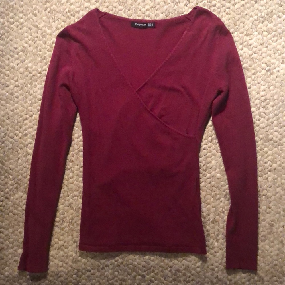 New PattyBoutik wrap sweater. Cranberry/burgundy color. Size small.